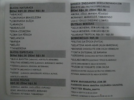 Cardápio Maha Mantra